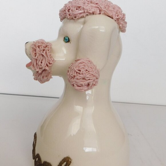 VTG Ceramic Poodle Bank with Rhinestone Eyes Spaghetti Pink Hair Signed - Picture 2 of 7